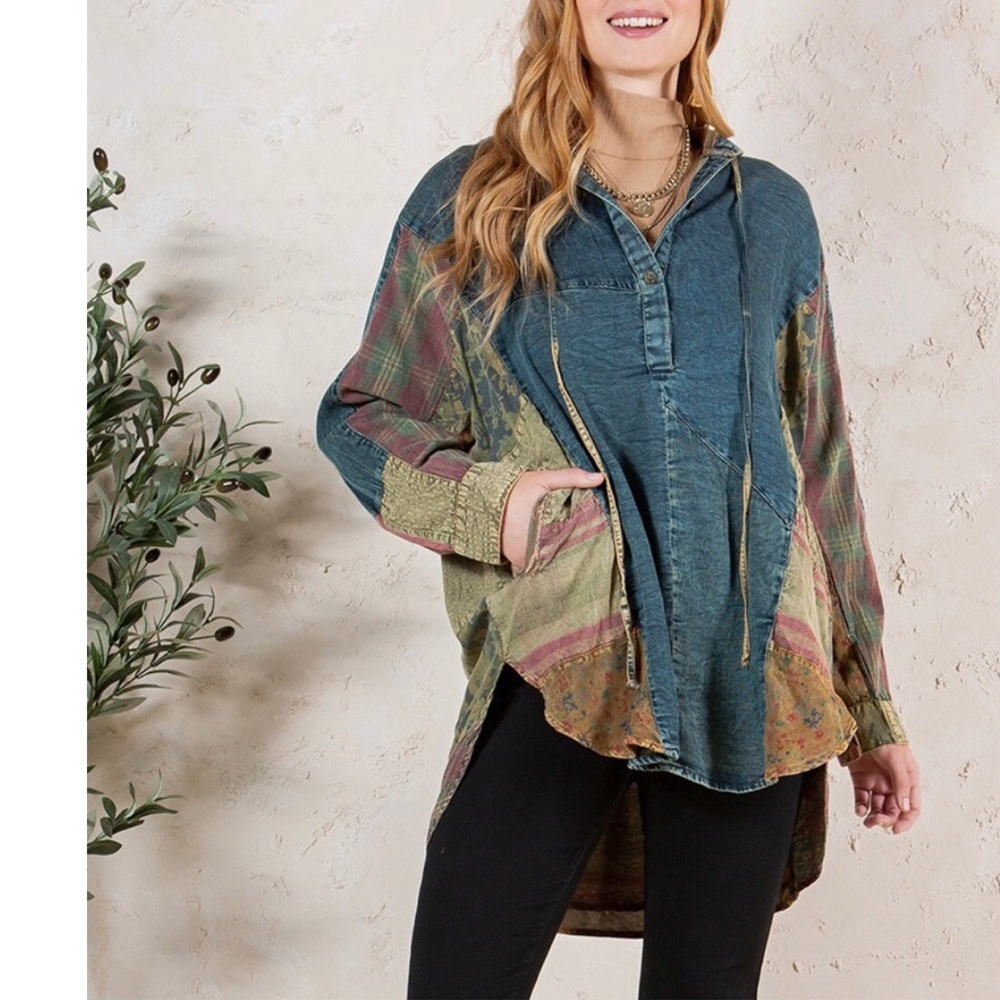 YOUNG THREADS/ Boho/Western Denim Patchwork Hooded Tunic